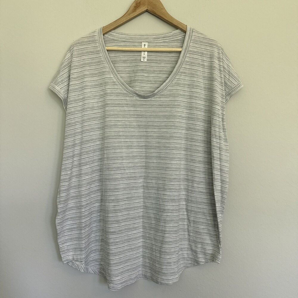 Women’s Athleta Grey White Stripe Cap Sleeve  Scoop Neck Modal Top XL Athleisure